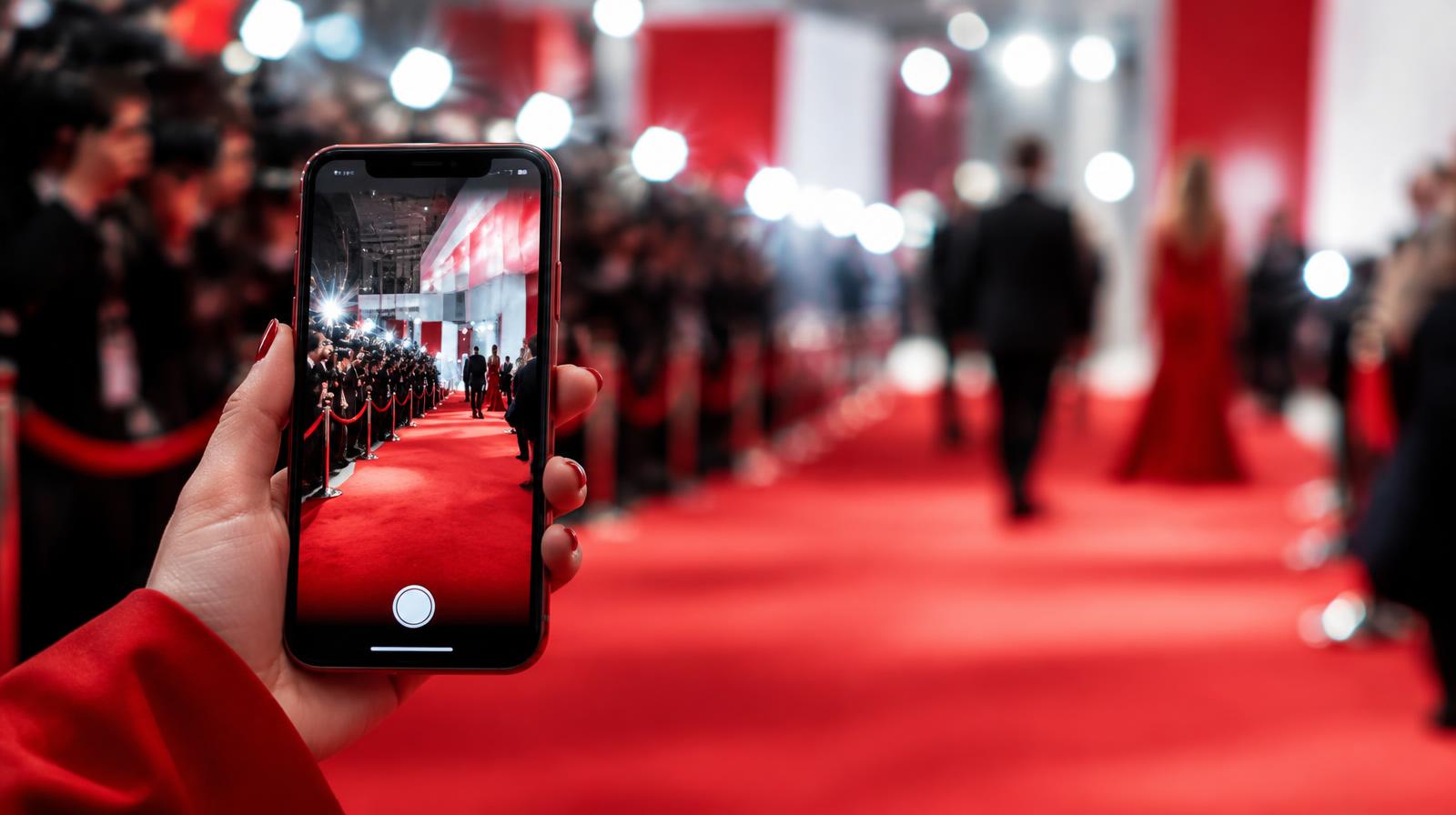 Red carpet and camera flashes blurred behind a smartphone showing search results — celebrity reputation management