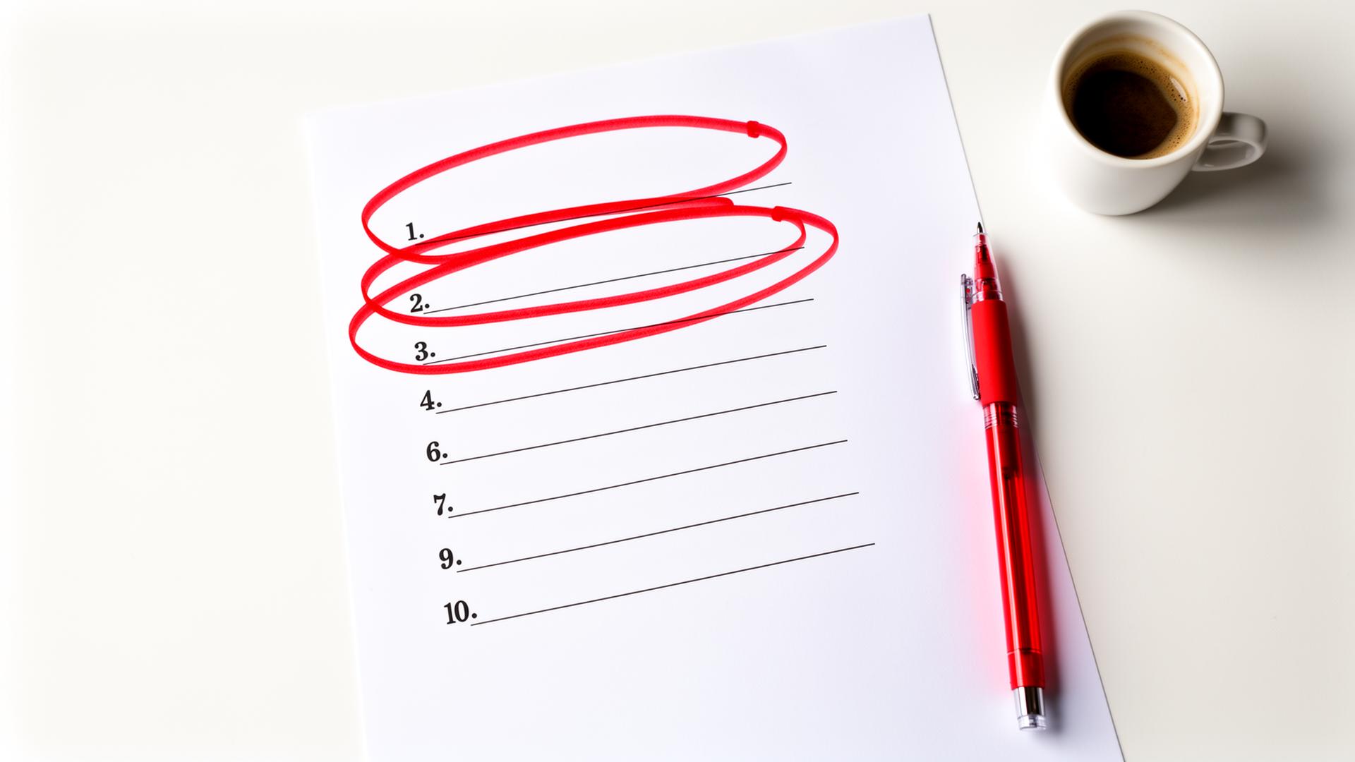 Numbered ranking list on white paper with the top three rows circled in red marker, next to a red pen and a coffee cup