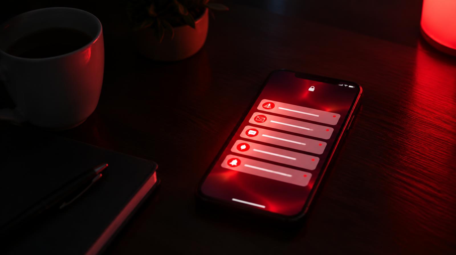 Phone lit up with a red alert and breaking-news notifications on a dark desk — crisis reputation management