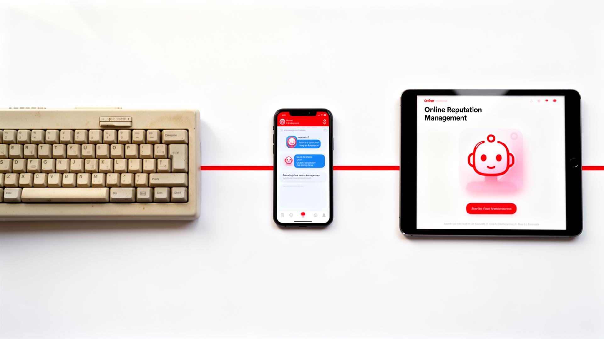 Vintage keyboard, smartphone, and tablet showing an AI assistant connected by a red line — three eras of online reputation management