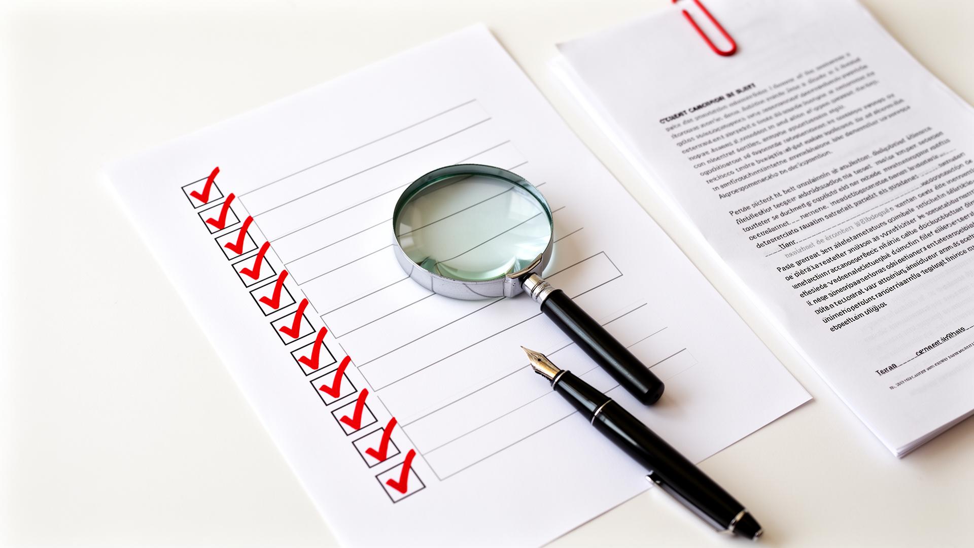 Vetting checklist with red checkmarks, a magnifying glass over one row, a fountain pen, and a contract with a red paperclip